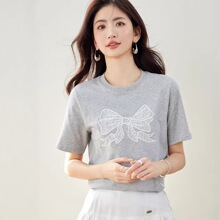R5270设计感刺绣蕾丝蝴蝶结灰色正肩短袖T恤女夏圆领显瘦上衣