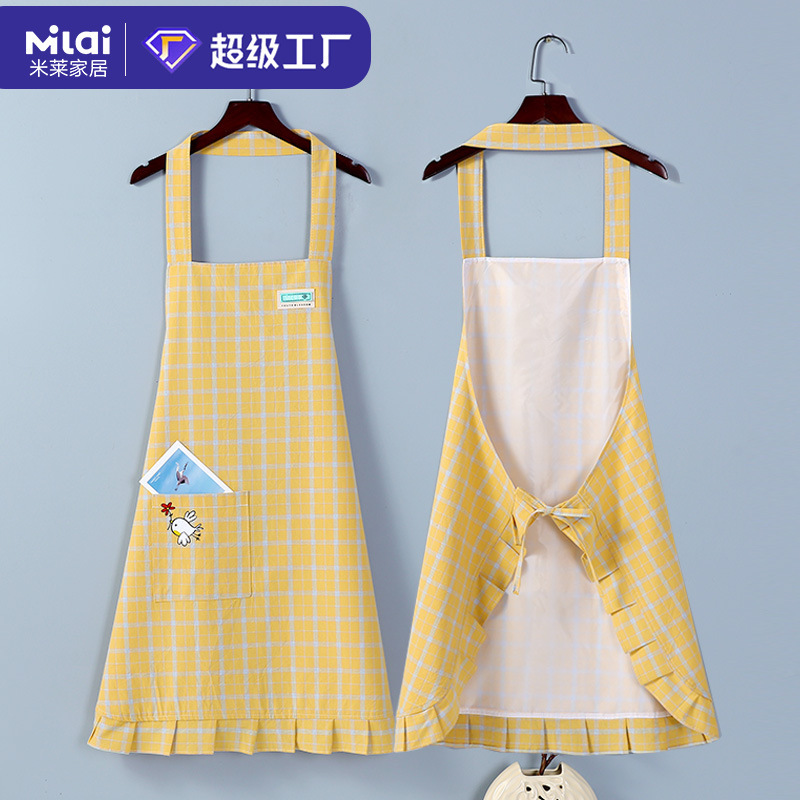 Plaid Bird Apron Waterproof and Oil-Proof Kitchen Home Cooking Double-Layer Waterproof Apron Fresh Cotton Work Clothes