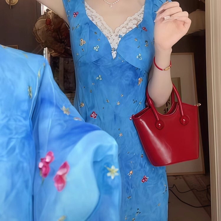Capri Blue French seaside resort style unique design slim-fit lace patchwork short-sleeve dress for women in summer