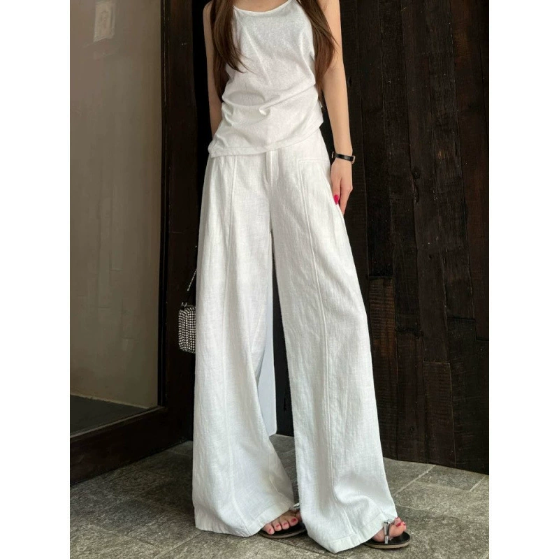 Широкие женские брюки из белого льна и рами, летний тонкий драпированный костюм с высокой талией в стиле старых денег, прямые повседневные брюки из хлопка и льна.