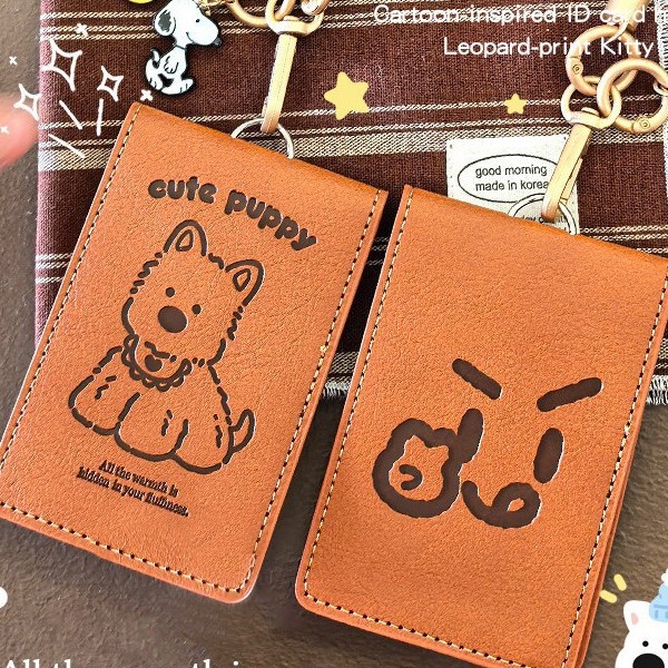 Brown card holder, featuring a playful retro design with embossed patterns, double card slots, and a "bye" expression, suitable for ID cards, access cards, and student cards