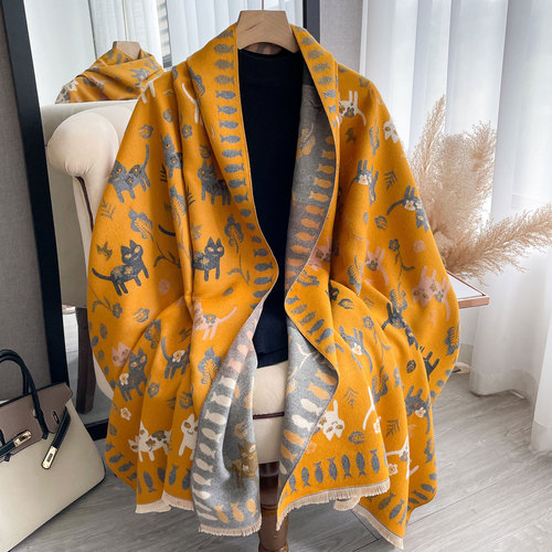 New Autumn and Winter Women's Cute Animal Cat Large Shawl Imitation Cashmere Thickened Warm Korean Style Versatile Scarf to Keep Out the Cold