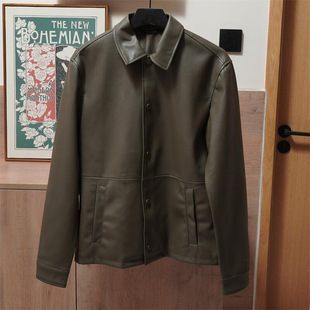 Men's Retro Simple Lapel Button-Embellished Black and Off-White Faux Leather Jacket Pu Leather Coat Korean Style Trendy