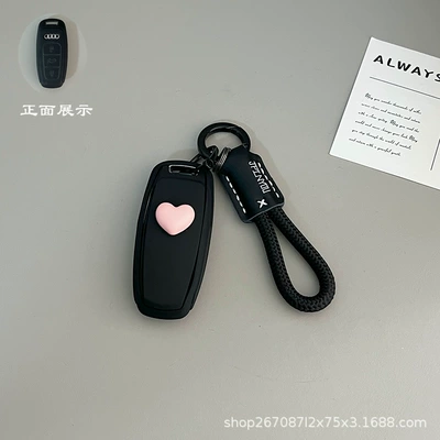 New Model, Q4 E-Tron Simple Design – Car key bag - option-d-skin-touch-black-pink-heart-stickers-black-leather-hair-tie