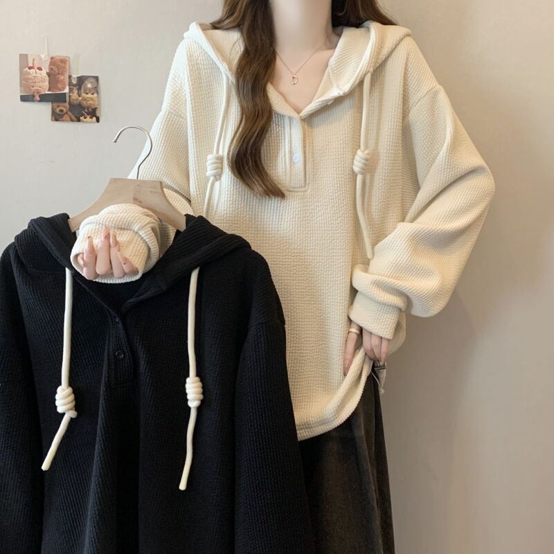 Plus Size Textured Pit Strip Hooded Top for Women 2025 Autumn and Winter New Loose Slimming Look Fashionable Long-Sleeved Hoodie for Women