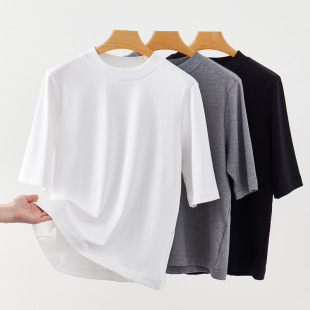 Simple All-match Basic Solid Color Mid-stitched Crewneck Mid-sleeve T-shirt Women's 2024 Spring ROW Classic Black and White Grey