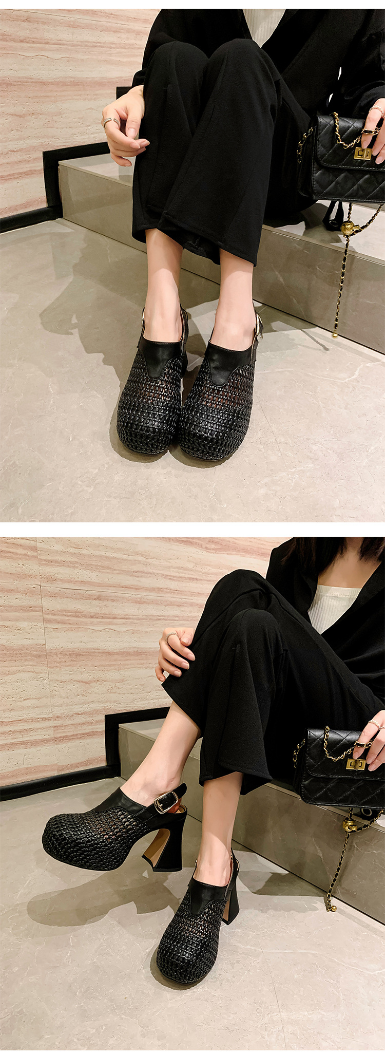 Sandal cao gót nữ đế xuồng platform dệt kim vàng, gót 10 cm, phong cách La Mã — Màu đen, Màu vàng, Màu bạc chi tiết 14