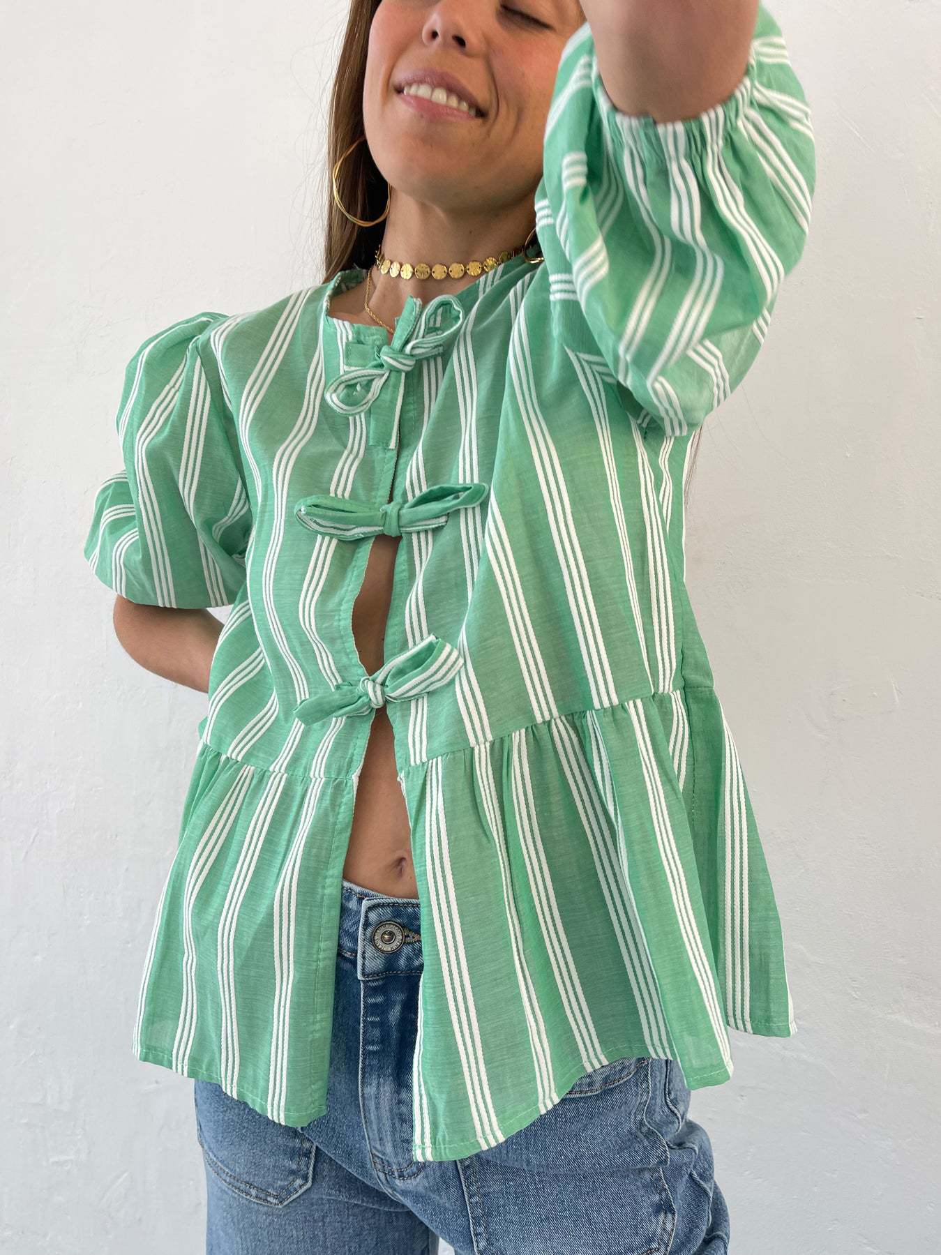 210g Weight Half Sleeve Sleeve Length Tie Placket Type Regular Sleeve Sleeve Type Polyester Fabric Type Regular Top Length Blouse Tops Type Holiday Occasion Round Neck Neckline Loose Fit Type Stripe Pattern Summer, Spring Season Women's Gender Streetwear Style Wholesale Women's Streetwear Stripe Half Sleeve Blouses 无