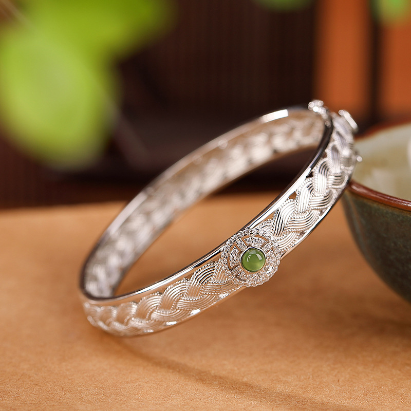 Vòng tay bạc S925 mạ vàng đính ngọc bích Hetian Jasper phong cách hoang dã — Kiểu mạ bạch kim