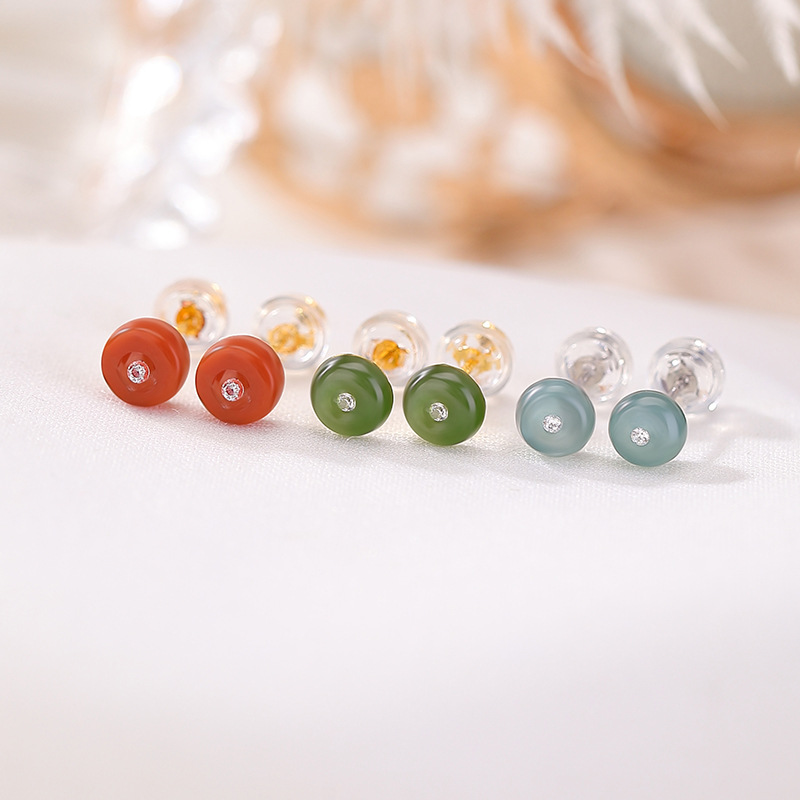 Bông tai bạc S925 mạ vàng đính đá ngọc bích tròn nhỏ tinh tế — Ngọc bích