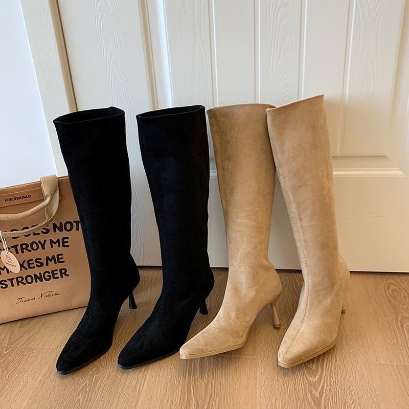 New Autumn and Winter Women's Pointed-Toe Stiletto High Boots, New Slim Boots, Suede High-Heeled Pleated Boots, Long Boots