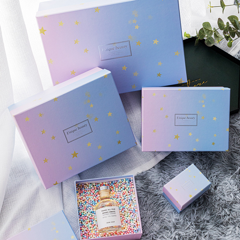 现货渐变色天地盖礼品盒化妆品护肤品包装盒 ins风伴手礼天地盖盒