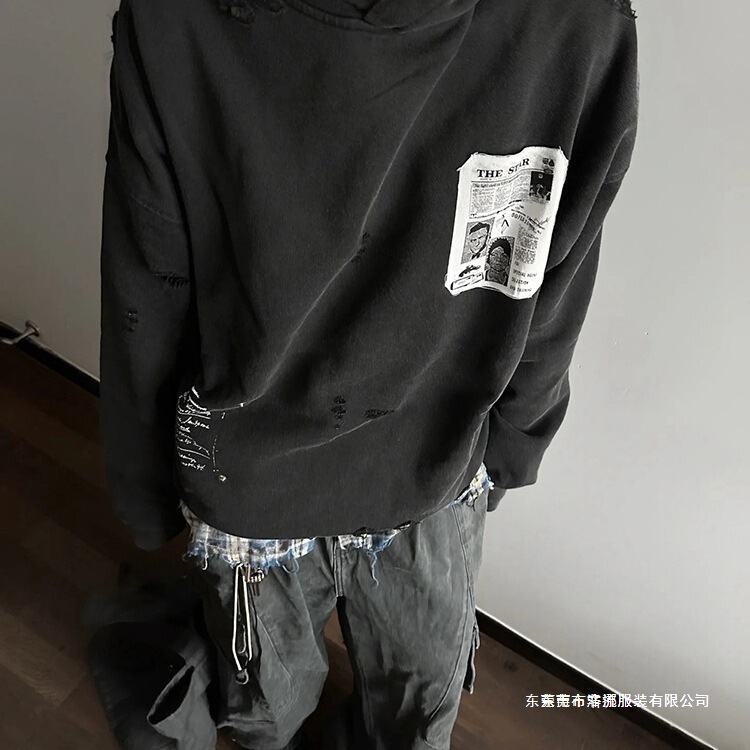 Washed Dyed Hand-Sewn Patchwork Hooded Sweatshirt for Men, American Casual Loose Hoodie, Versatile Thickened Cotton, In-Stock Bulk Order