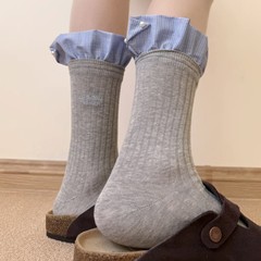 miu レースソックス女性用、綿、肌に優しく快適な伸縮性のあるミッドカーフソックス、チェック柄のレターラベル付きパイルソックス