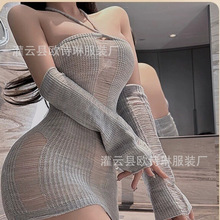 夜妩媚妃针织毛衣镂空诱惑女士家居服挂脖性感睡衣套装包臀大码制
