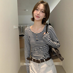 IMISS 2025早秋新款韩系圆领温柔风刺绣条纹长袖T恤女打底衫H2172