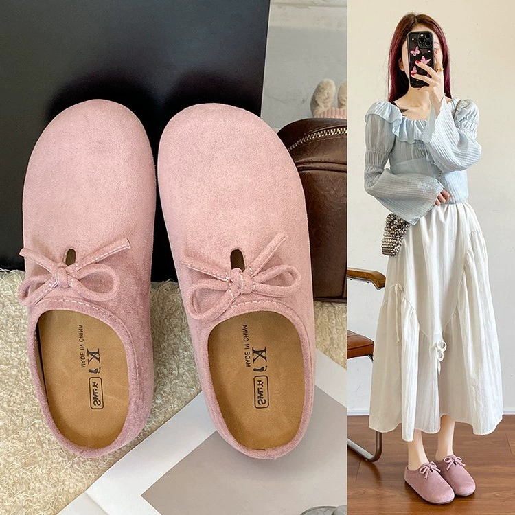 Замшевые тапочки с круглым носком для женщин, лето и осень 2025, туфли Birkenstock на толстой подошве с большим носком, повседневная верхняя одежда на одной ноге, тапочки с носком