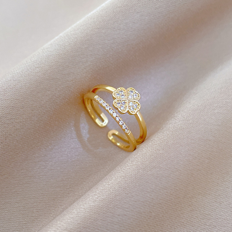 Vierblättriger Blumenring mit Diamanten, verstellbar, schlichter japanischer Schmuckring, Partnerring_voghion.com
