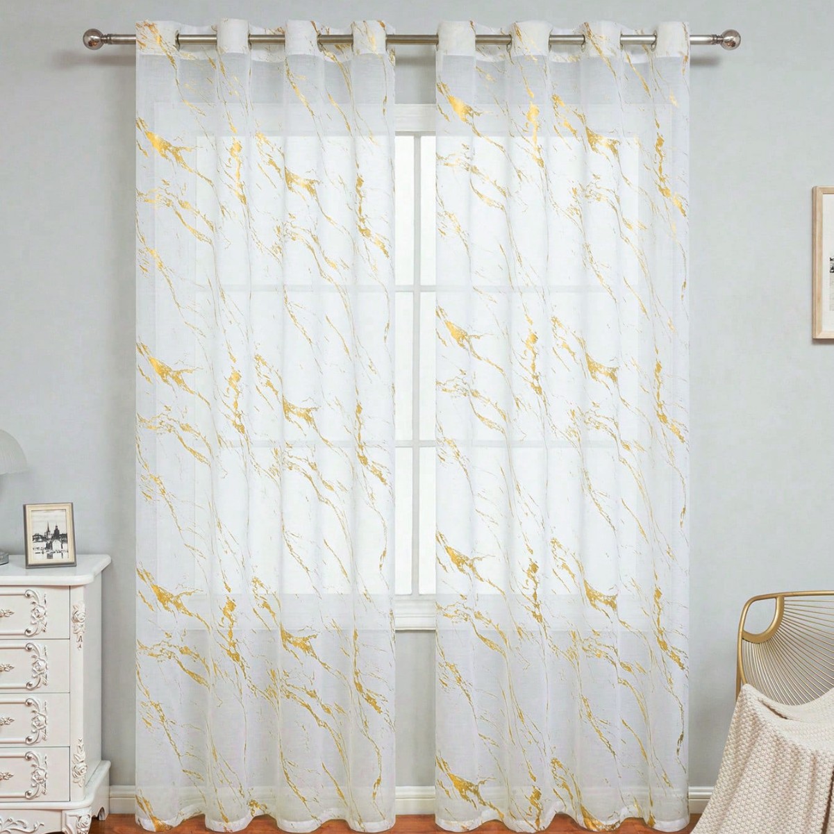 Cortina Translúcida Semiopaca con Diseño de Mármol Dorado, para Ventanas, con Perforaciones, para Dropshipping y Comercio Transfronterizo, Disponible en TEMU