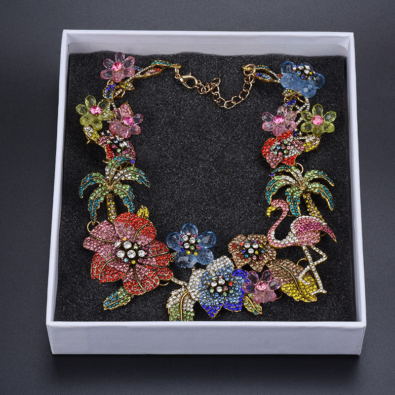 Exaggerated Luxurious Coconut Tree Flamingo Flower Alloy Inlay Rhinestones Women's Necklace display picture 7