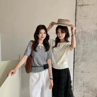 韩版松弛感洋气简约显瘦百搭短袖圆领蝴蝶结镂空针织衫T恤上衣女