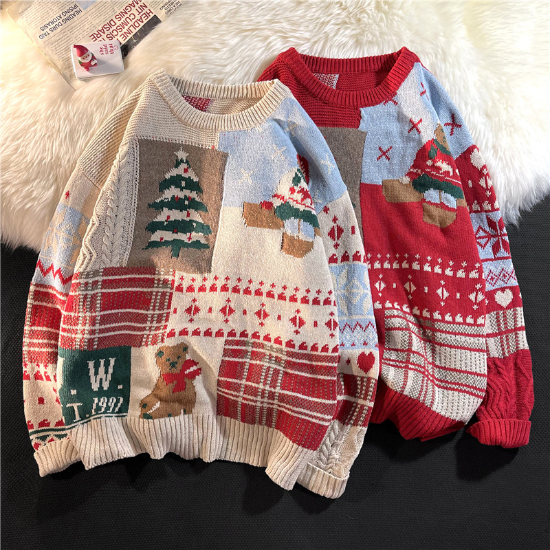 Japanese Style Retro Christmas Bear Sweater Men's ins Autumn and Winter Loose Round Neck Sweater Lazy Style Trendy Sweater for Couple