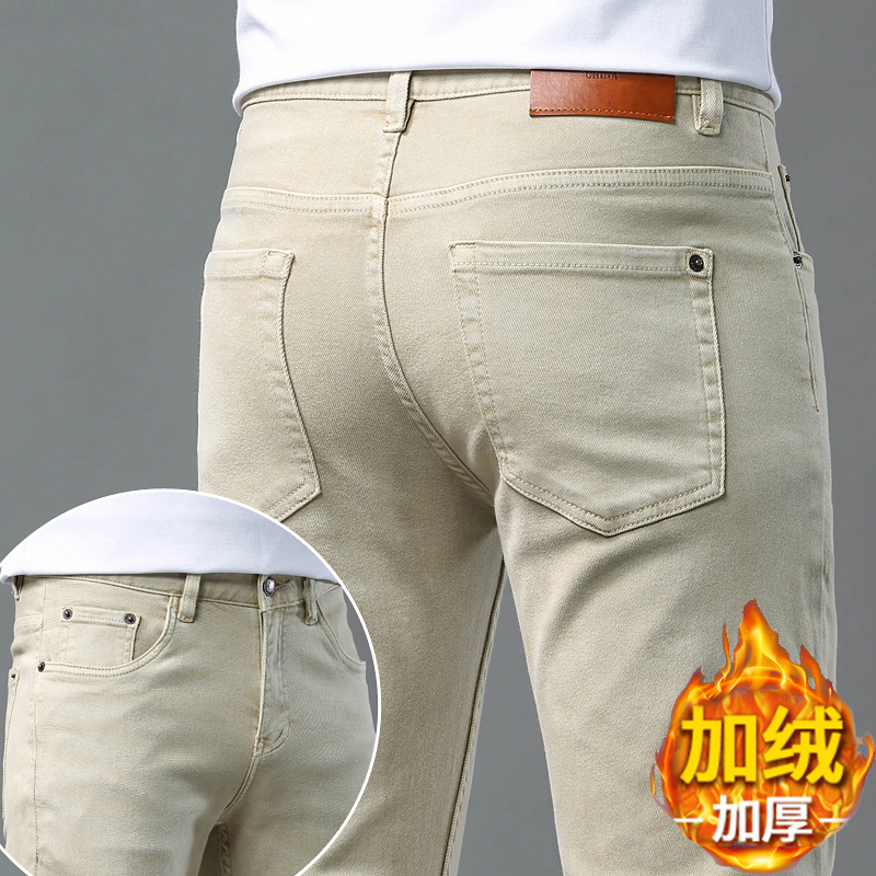 Hong Kong High-end khaki Jeans Men's Autumn and Winter New Slim-fit Stretch fleece-lined Trousers Fashionable Casual Trendy Hong Kong High-end khaki Jeans Men's Autumn and Winter New Slim-fit Stretch fleece-lined Trousers Fashionable Casual Trendy