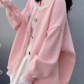 温柔风蕾丝拼接减龄毛衣外套女春季新款宽松慵懒洋气针织开衫