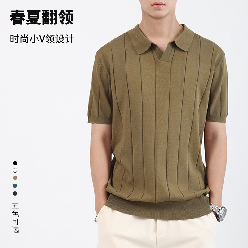 Old Money Style Polo Shirt with Collar, Men's High-End Knitted Ice Silk Business Casual V-Neck Polo Shirt, Short-Sleeved Men's Shirt