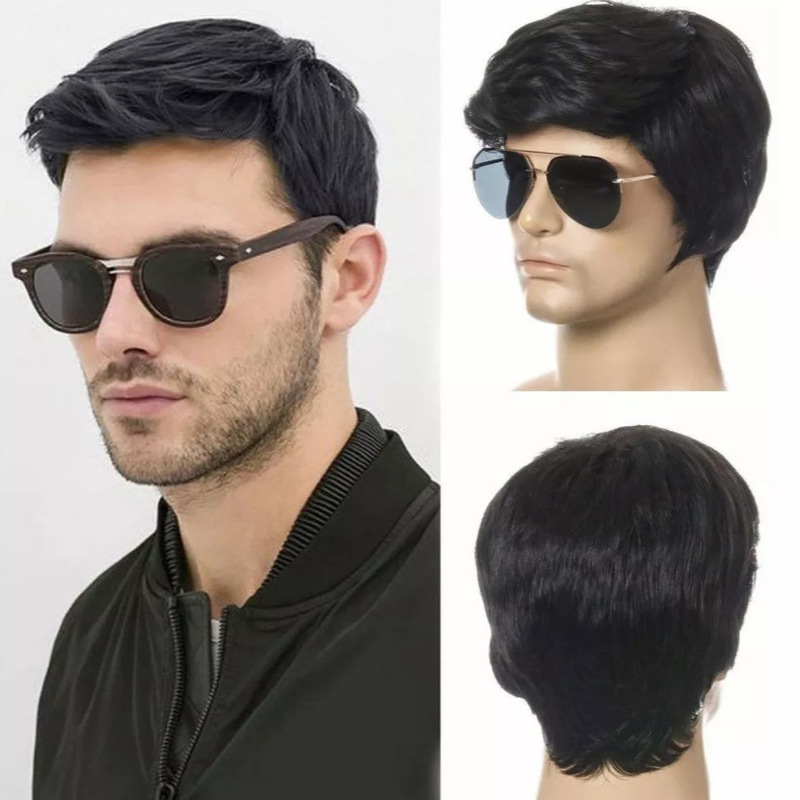 European and American New Style Partial Men's Hair Natural Fluffy Black Short Hair Men's Wig Chemical Fiber Headgear Manufacturer Wholesale