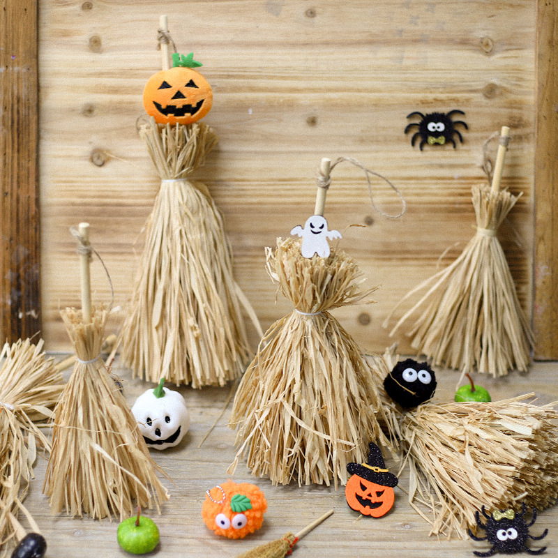 万圣节搞怪草编拉菲草扫把小挂饰花艺手工diy材料包创意挂件批发