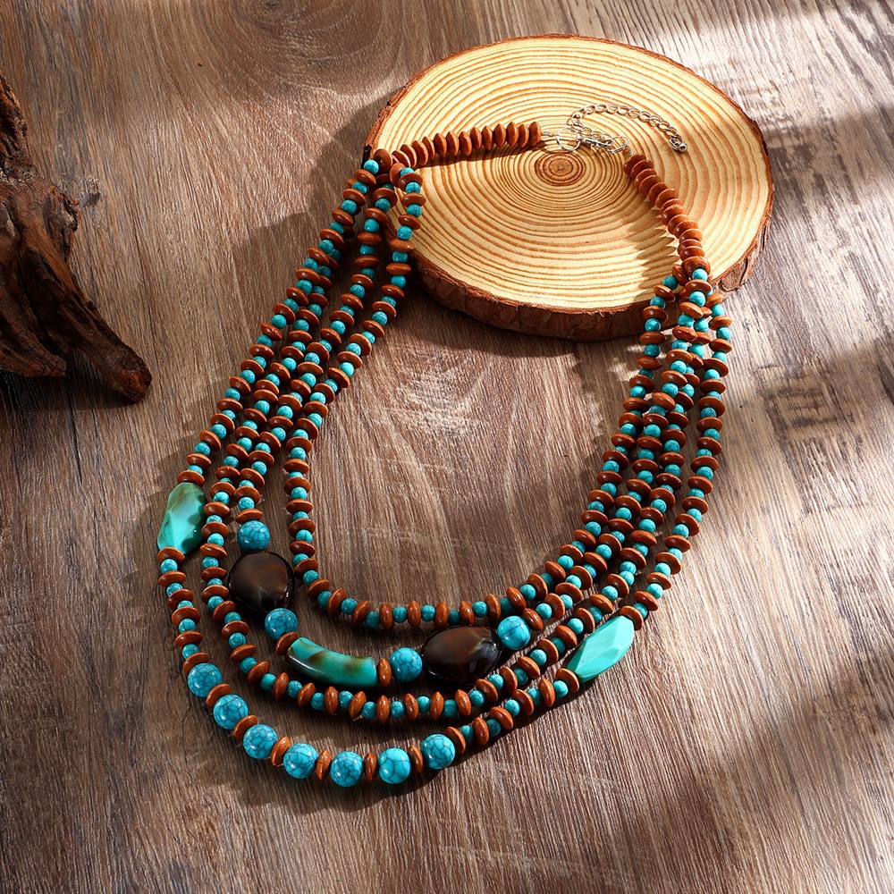 Collana lunga boho multistrato con perline legno e turchese_voghion.com