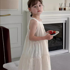 韓國童裝2024夏女童度假風連衣裙中大童女童掛脖露背仙女裙公主裙