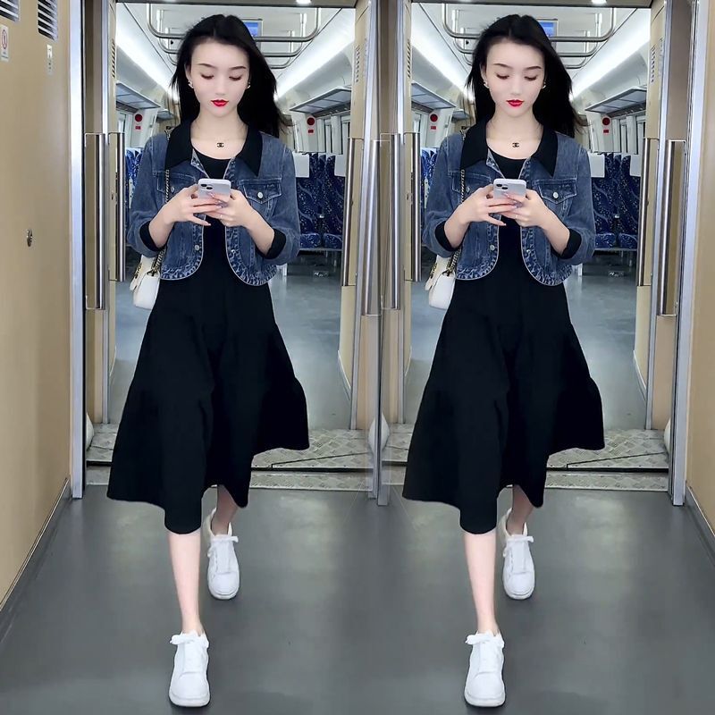 时尚气质套装裙女春秋新款小个子显瘦牛仔短外套连衣裙减龄两件套|undefined