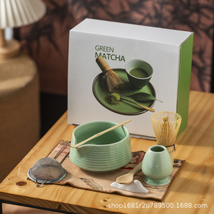 Japanese-Style Matcha Tea Set with Tea Whisk, Tea Scoop, Tea Bowl, and Tea Tools in a Colorful Ceramic Box Set