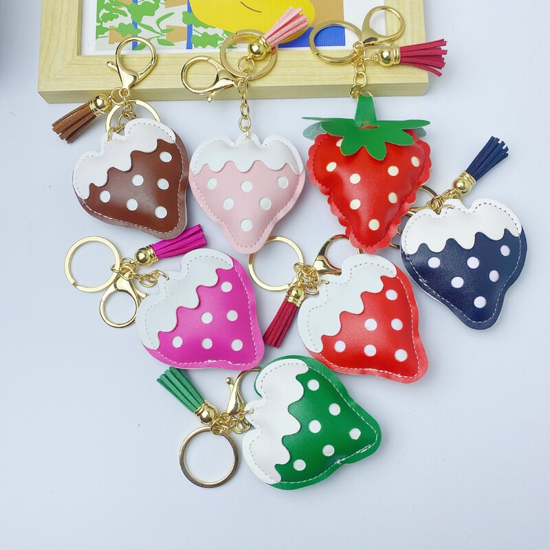 Creative Strawberry Tassel Keychain PU Leather Car Key Chain Bag Pendant Cute Headset Accessories Gift