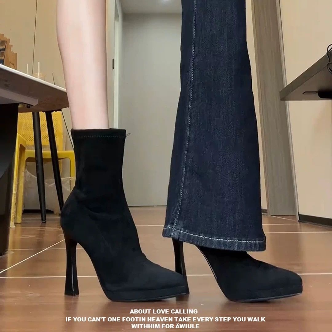Black Pointed Toe High Heel Sock Boots Waterproof Fleece-lined_voghion.com