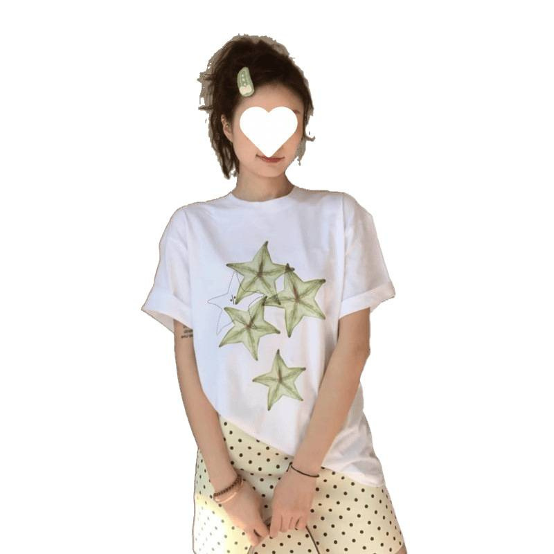 韓国ニッチホワイト半袖シャツ女性の夏楽しいタネギプリントルーズカジュアルヘビーウェイトコットントップ|undefined