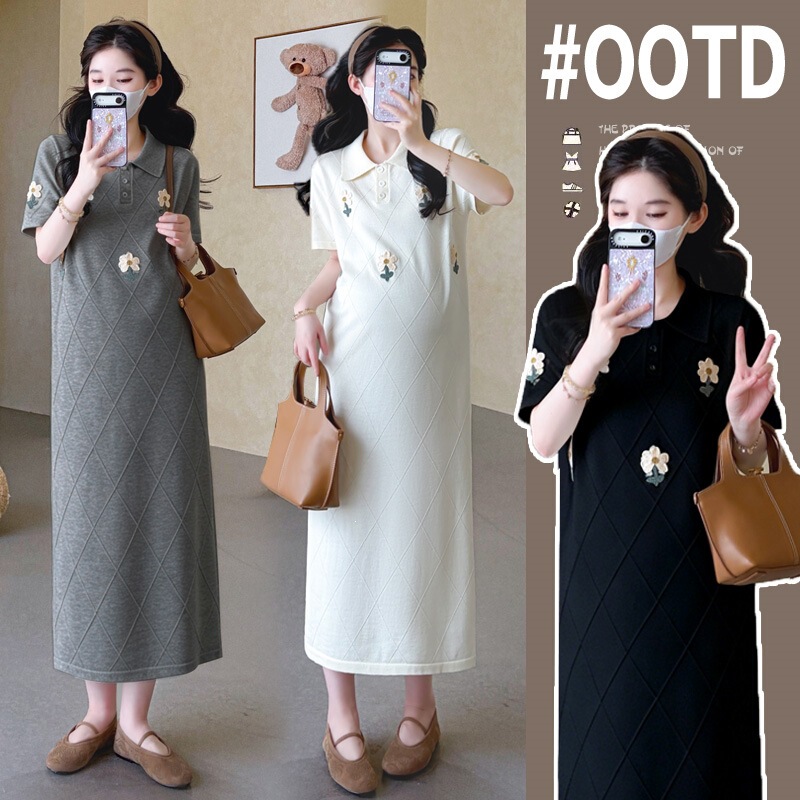 Maternity Dress for Summer, High-End Style for Pregnant Moms, Beautiful Knitted Long Dress with 3D Floral Polo Collar, Summer Style Maternity Dress for Summer, High-End Style for Pregnant Moms, Beautiful Knitted Long Dress with 3D Floral Polo Collar, Summer Style