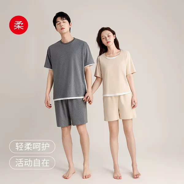 Couple's Crewneck Pullover Pajamas Short-sleeved Shorts Cool Cotton Fake Two-piece Men's Summer Thin Home Clothes for Women