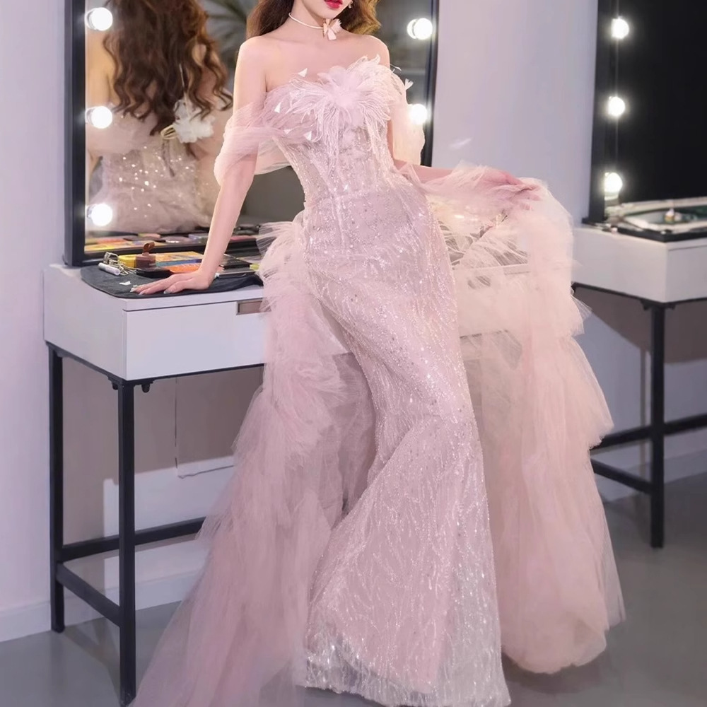 Vestido de noche de un solo hombro, novedad de verano 2026, vestido rosa de compromiso, vestido de lujo de alta gama para brindis de boda, para novia image 4