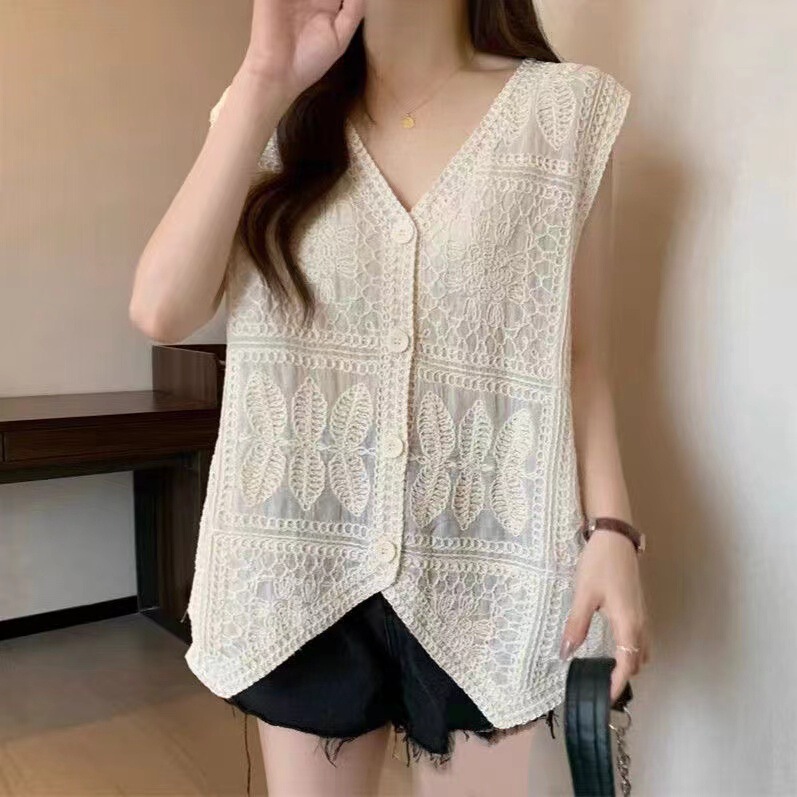 Women's Clothing 2026 Spring and Summer Outerwear Cardigan Sleeveless Top French Crochet V-Neck Vest Small Jacket