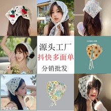 法式头巾夏女田园风白色蕾丝三角巾头巾批发发带包头时尚网红花朵