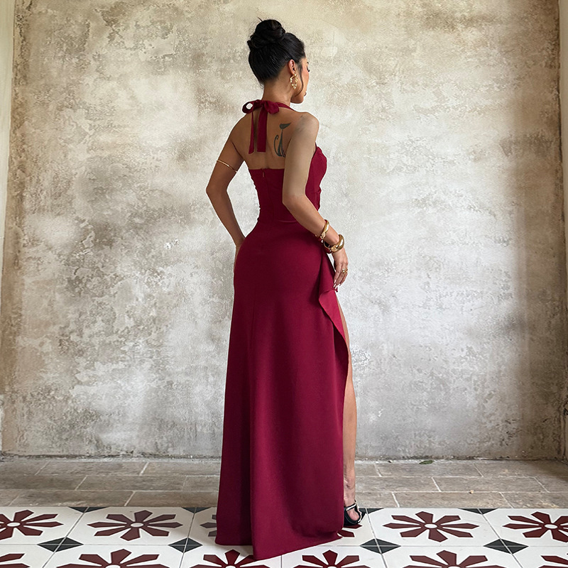 Halter Neck Long Dress Elegant Tie Up Bust Ruffle Slit Design Fashionable Dress_ecoleips.com