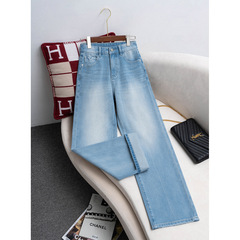 南油四面彈牛仔褲女2025春新款高腰寬鬆顯瘦藍色休閒闊腿褲