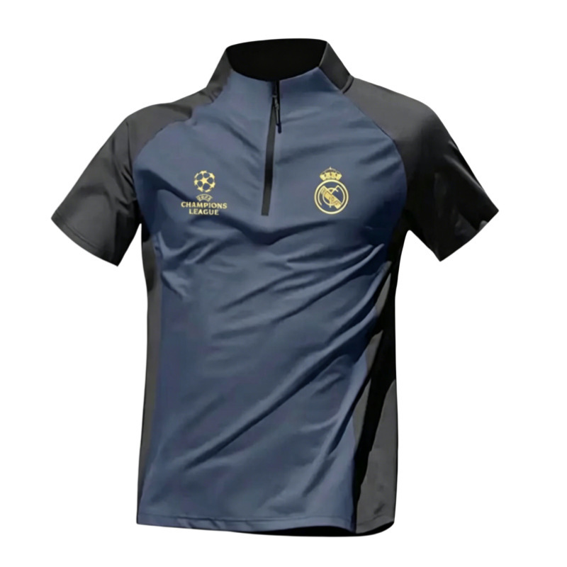 Sports T-Shirt for Men, Ice Silk Quick-Dry Half-Zip Stand Collar Football Training Wear, Champions League Style, Casual Versatile Real Madrid