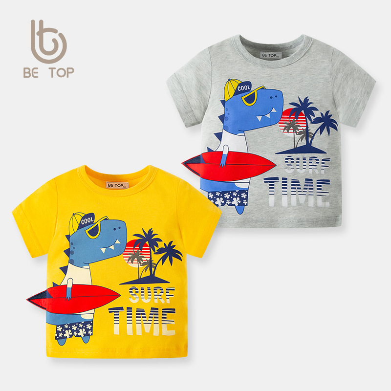 Camiseta de manga corta para niños directa de fábrica nueva entrega de una pieza superior de estilo occidental de media manga de algodón para niño de dinosaurio de dibujos animados
