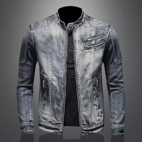 Fashion stand collar zipper lapel motorcycle Denim jacket personalized retro sports top men's casual fashion brand coat