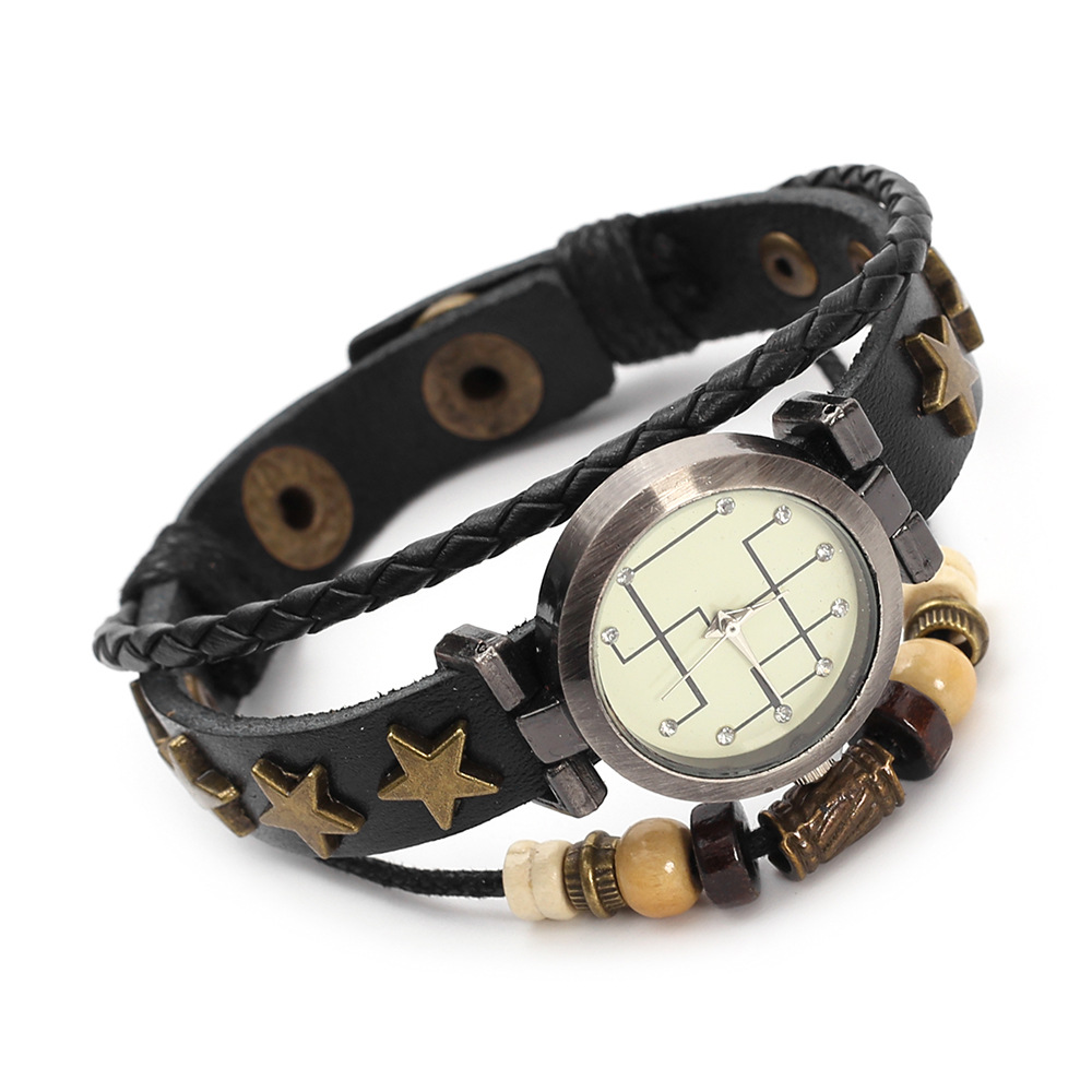 Retro Multi-Layered Cowhide Leather Bracelet Watch with Adjustable Woven Star Bead Decoration, Couple's Wristwatch Bracelet, Fashion Accessory