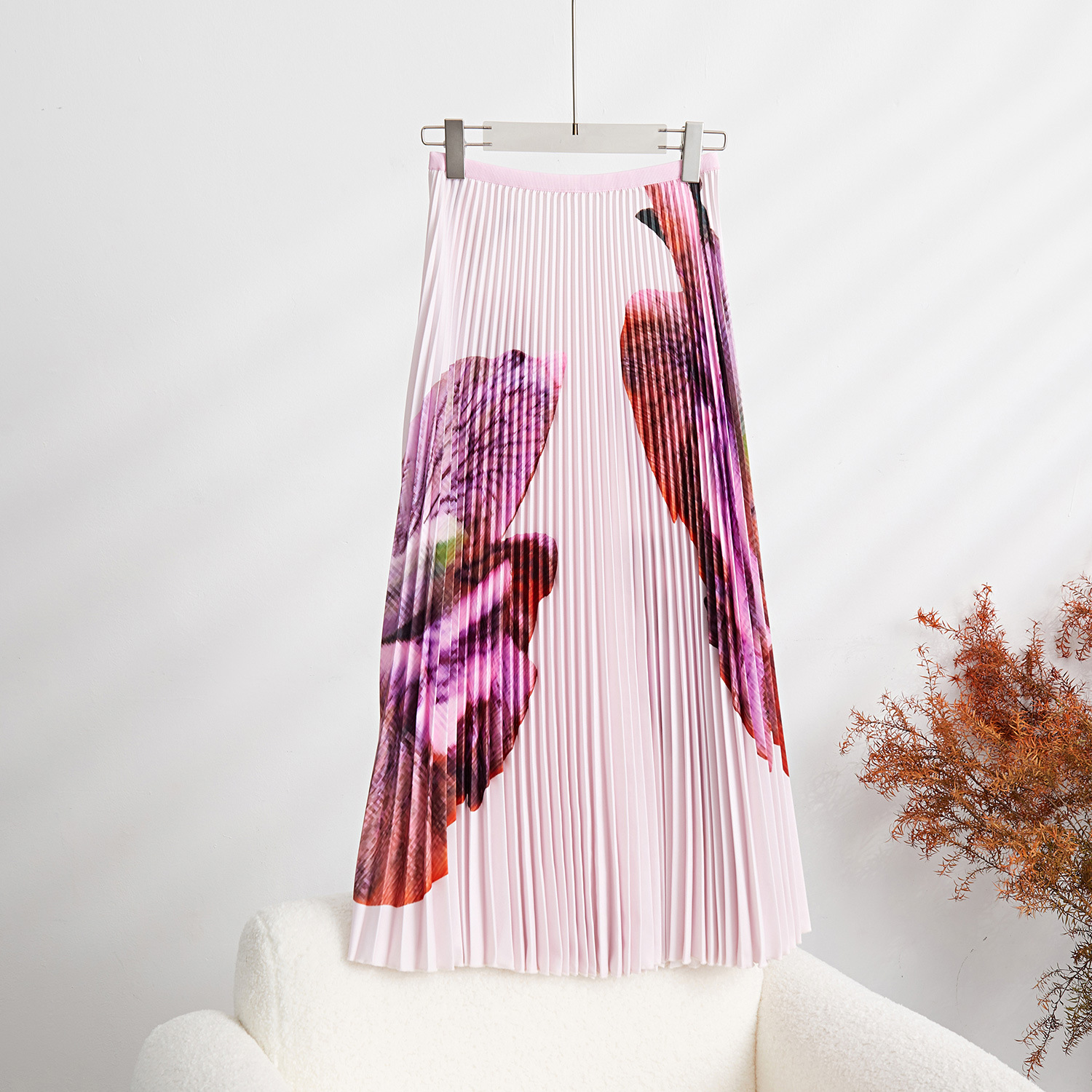 Women's Pleated Skirt Set - Floral Print Top & Long Pleated Skirt - Japanese-Inspired Casual Outfit (Purple/Pink/Dark Green/Gray, Sizes 78-90cm)_ecoleips.com